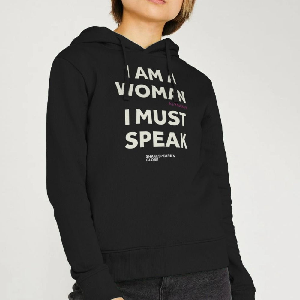 Black hooded sweatshirt with white graphic text on the centre front