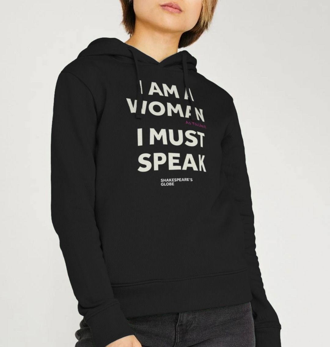 Black hooded sweatshirt with white graphic text on the centre front