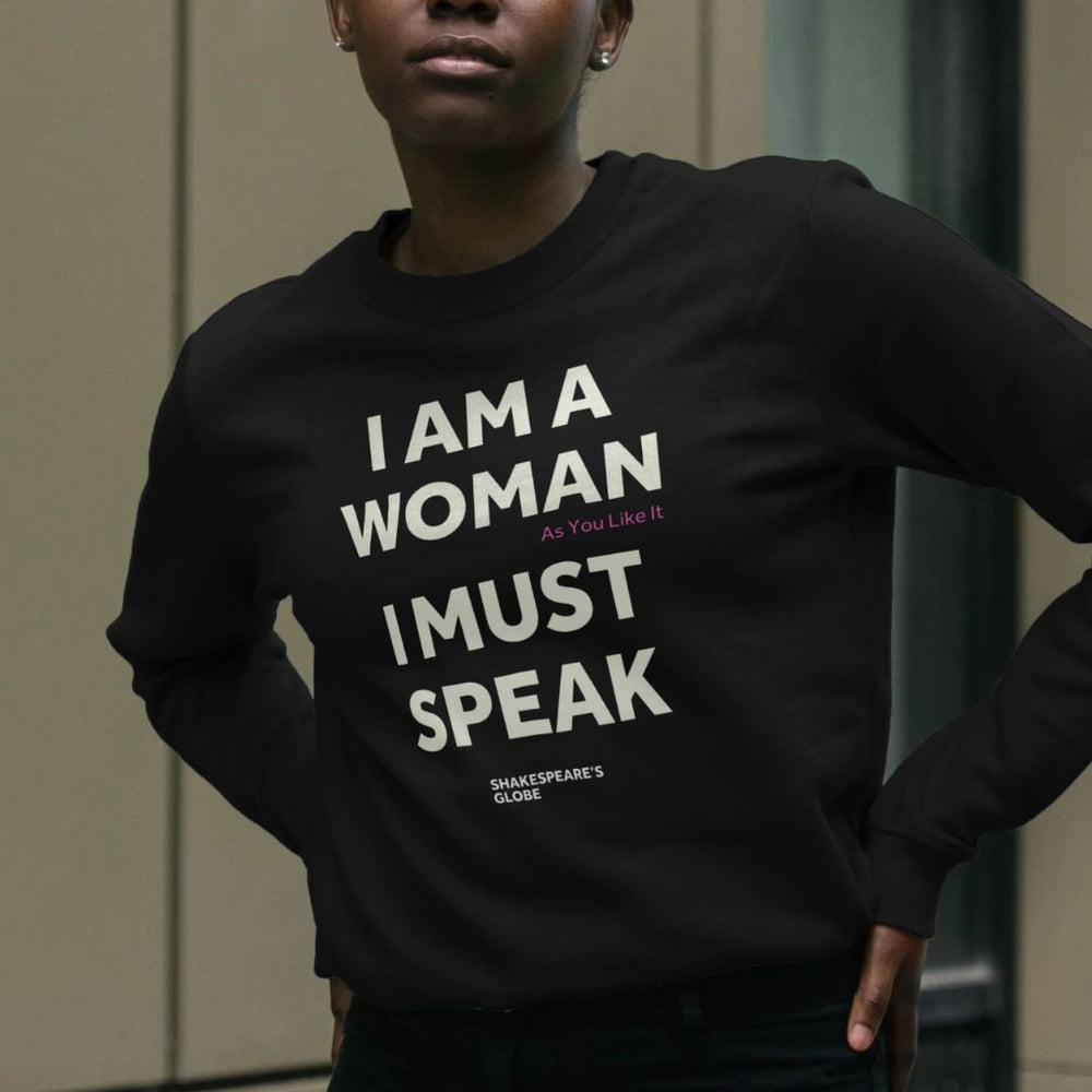 Black long sleeve fitted sweatshirt with white graphic text print over centre front