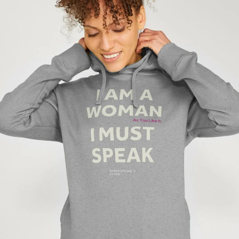 
                  
                    Heathered grey hooded sweatshirt with white graphic text on the centre front
                  
                