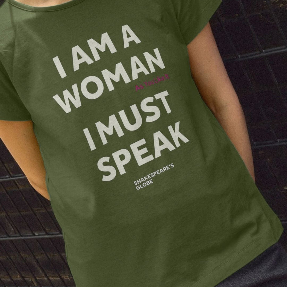 Olive green fitted ladies t-shirt with white graphic font on the centre front