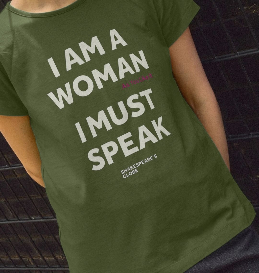 Olive green fitted ladies t-shirt with white graphic font on the centre front