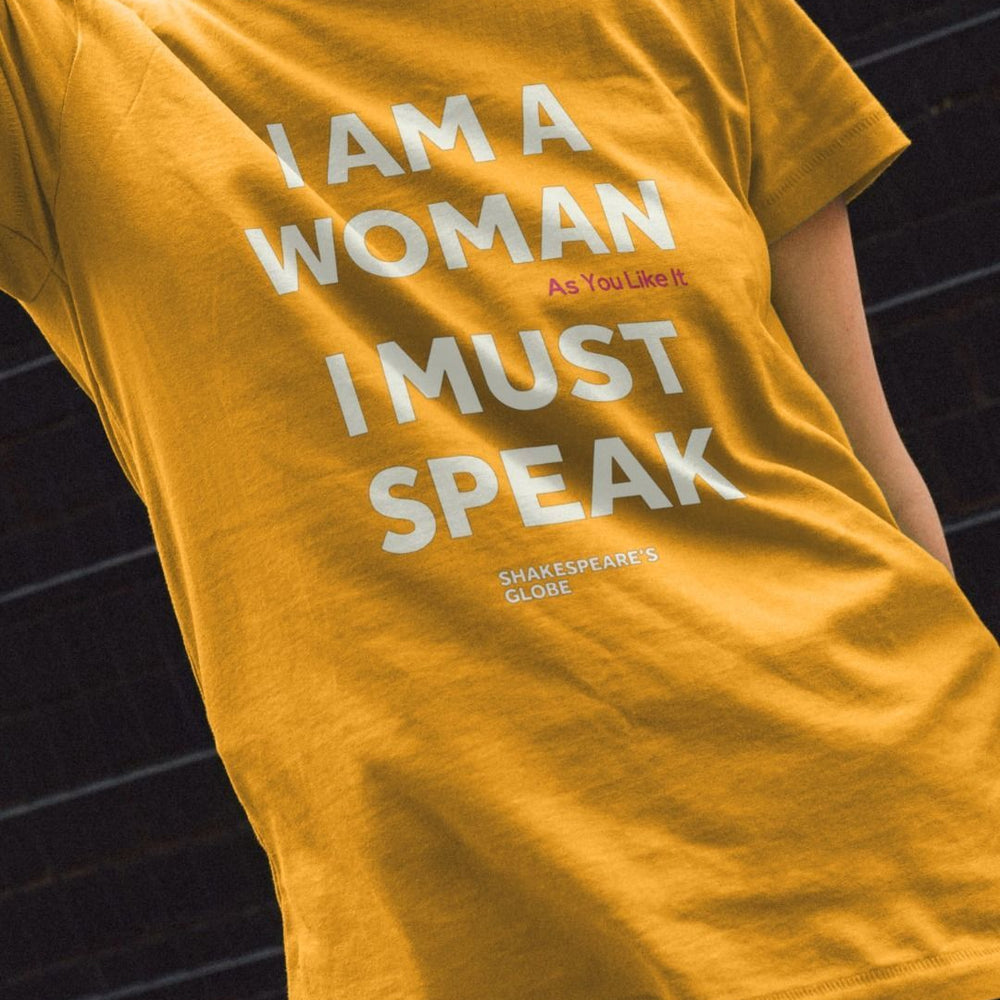 
                  
                    Mustard yellow fitted ladies t-shirt with white graphic font on the centre front
                  
                