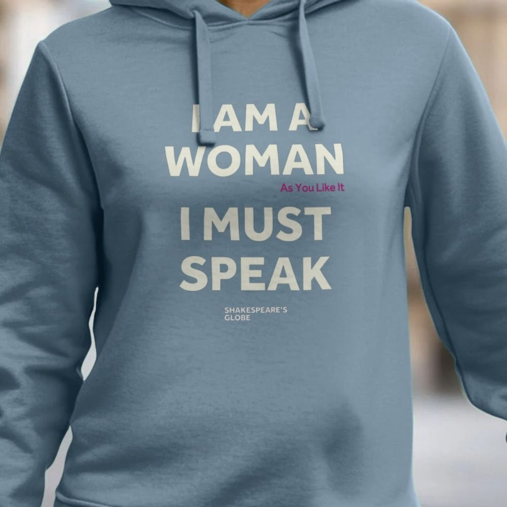 Pale blue hooded sweatshirt with white graphic text on the centre front