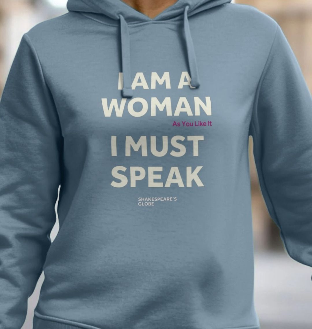 Pale blue hooded sweatshirt with white graphic text on the centre front