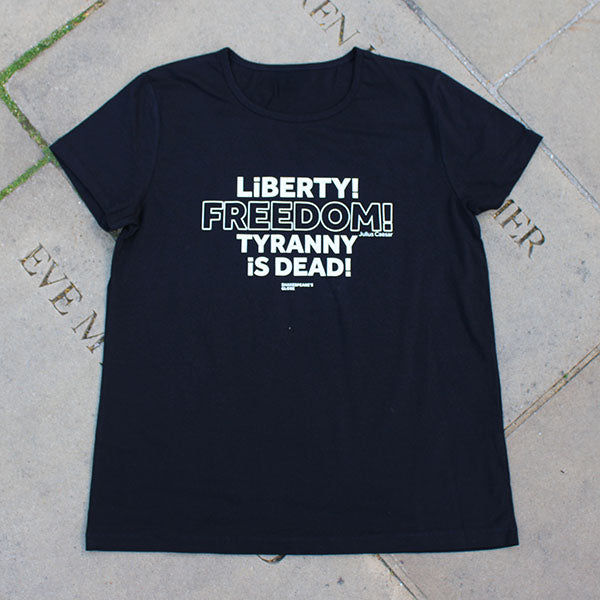 Black fitted t-shirt with centre front graphic text in white colour, all letters filled in except for the word Freedom which is outlined in white only