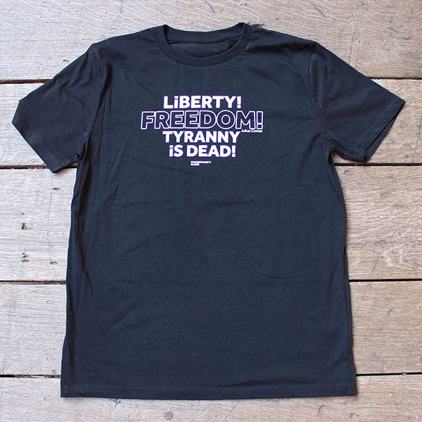 Black standard fit t-shirt with centre front graphic text in white colour, all letters filled in except for the word Freedom which is outlined in white only