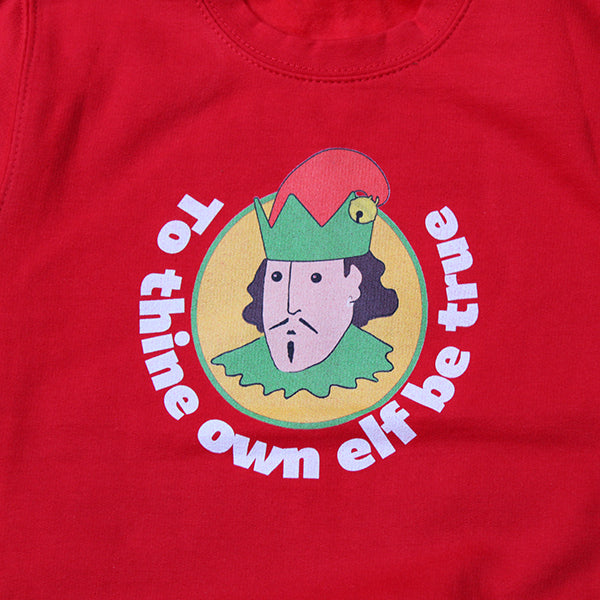Cherry red kids sweatshirt with cartoon William Shakespeare in elf hat with white text surround