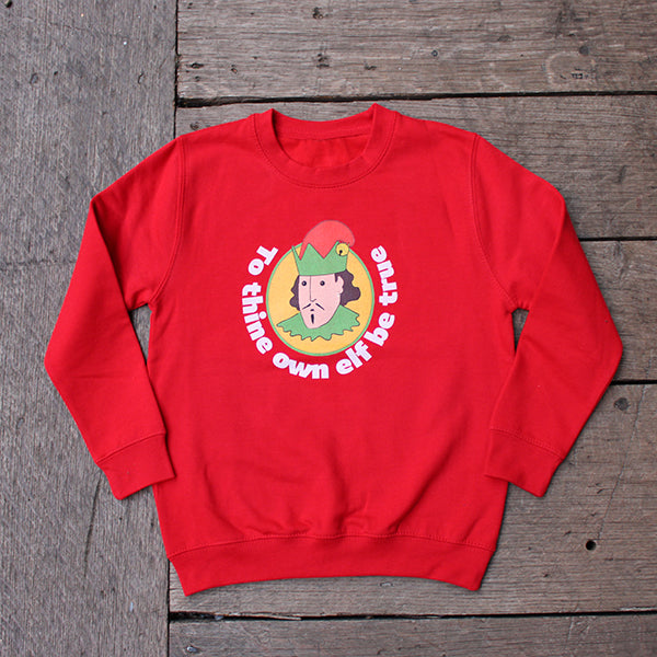 Cherry red kids sweatshirt with cartoon William Shakespeare in elf hat with white text surround