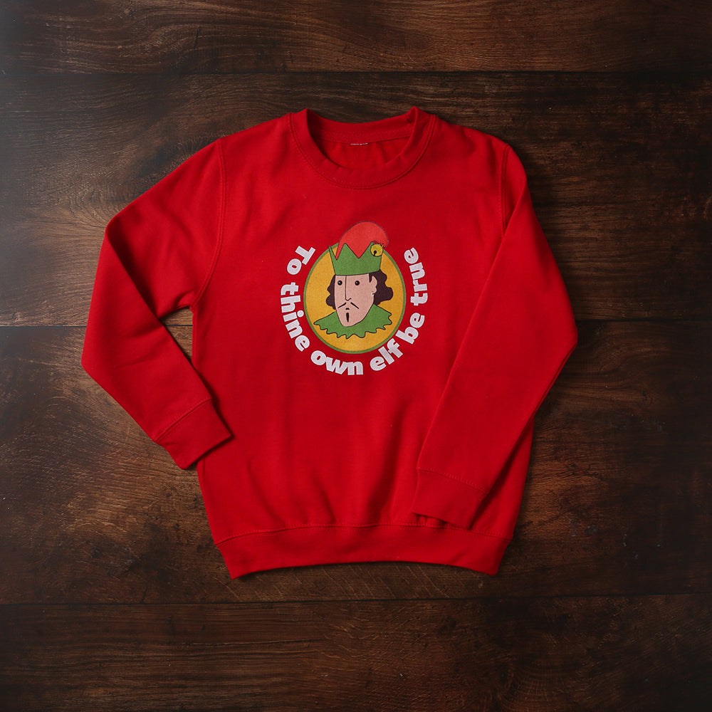 
                      
                        Cherry red kids sweatshirt with cartoon William Shakespeare in elf hat with white text surround
                      
                    