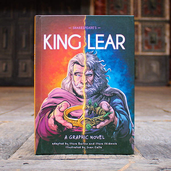 Book cover of 'King Lear' graphic novel with split design showing characters from different sides.