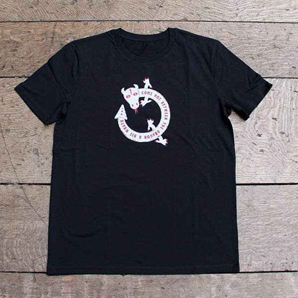 black cotton t-shirt with a white dragon print on the chest