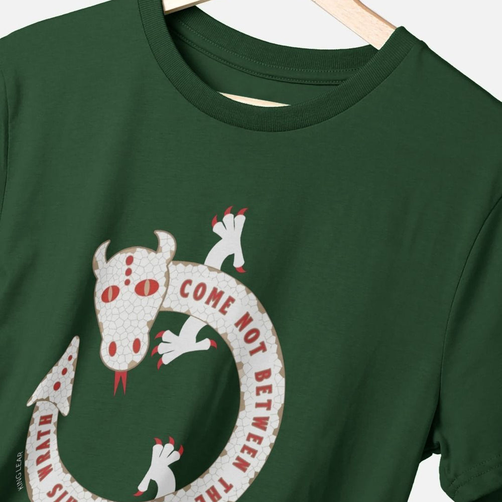 
                  
                    green cotton t-shirt with a white dragon print on the chest
                  
                