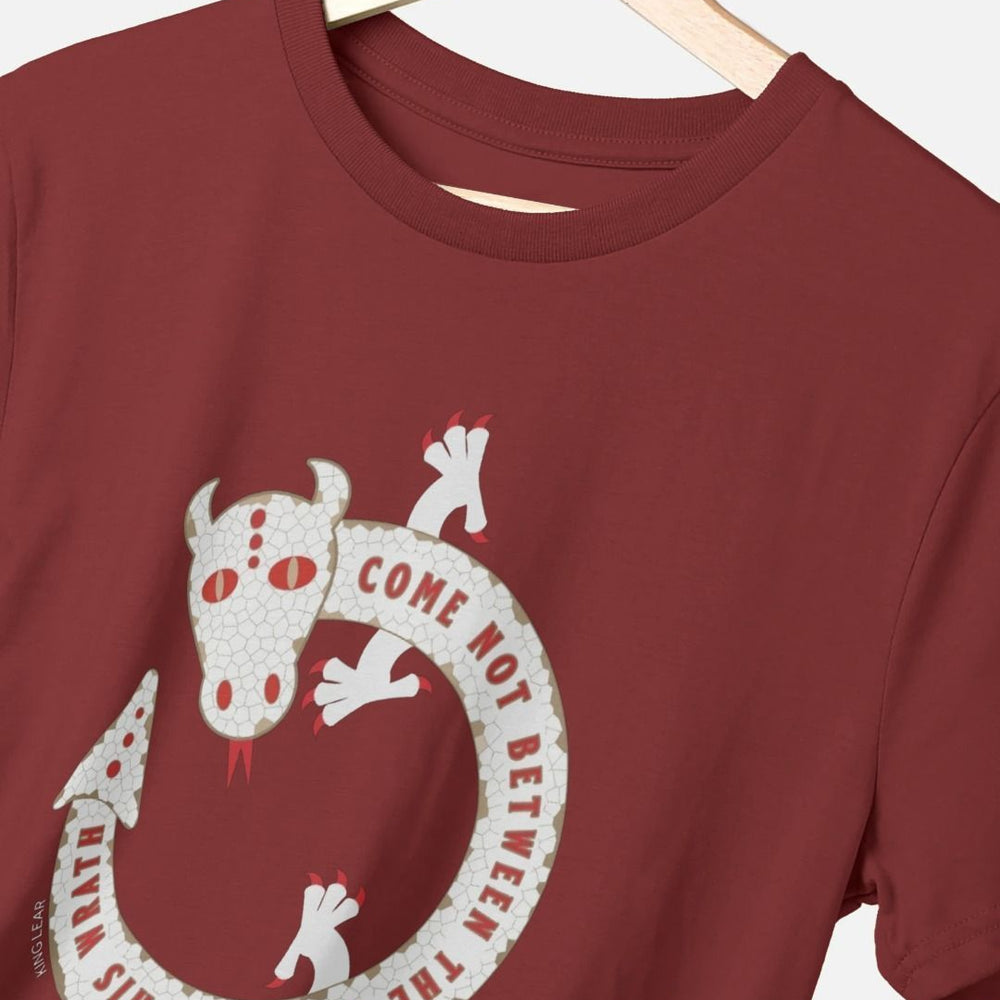 
                  
                    Wine red cotton t-shirt with a white dragon print on the chest
                  
                