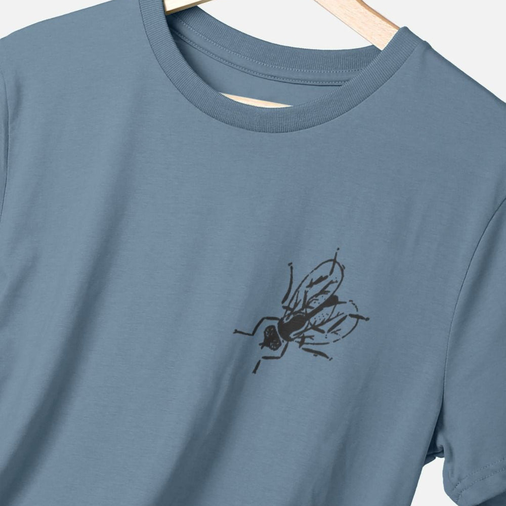 
                  
                    Standard fit cotton t-shirt with black fly graphic on upper left chest on stone blue t-shirt
                  
                