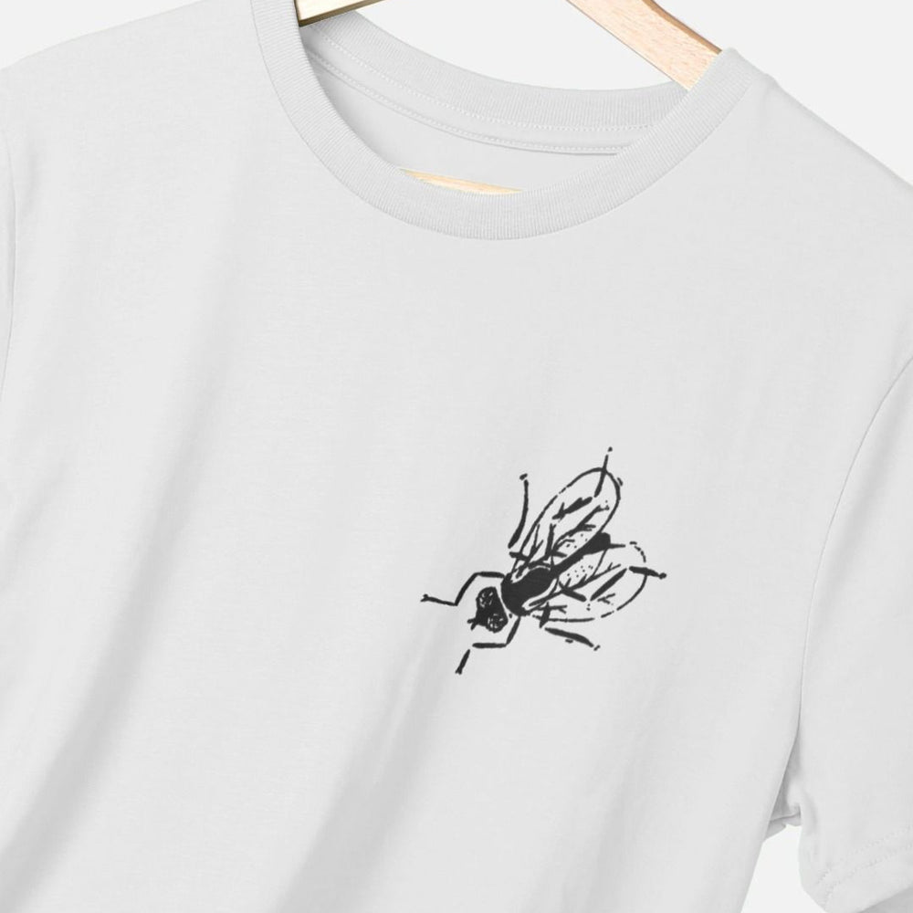 
                  
                    Standard fit cotton t-shirt with black fly graphic on upper left chest on white t-shirt
                  
                