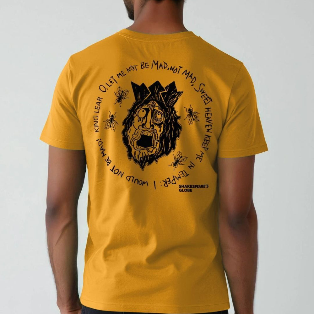 Yellow standard fit t-shirt back with large graphic of rotting king lear face, with a crown on his head, flies buzzing all around, with stylized text surrounding graphic in a circle