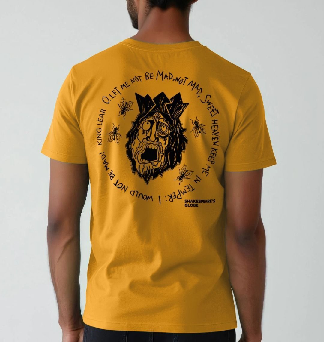 Yellow standard fit t-shirt back with large graphic of rotting king lear face, with a crown on his head, flies buzzing all around, with stylized text surrounding graphic in a circle