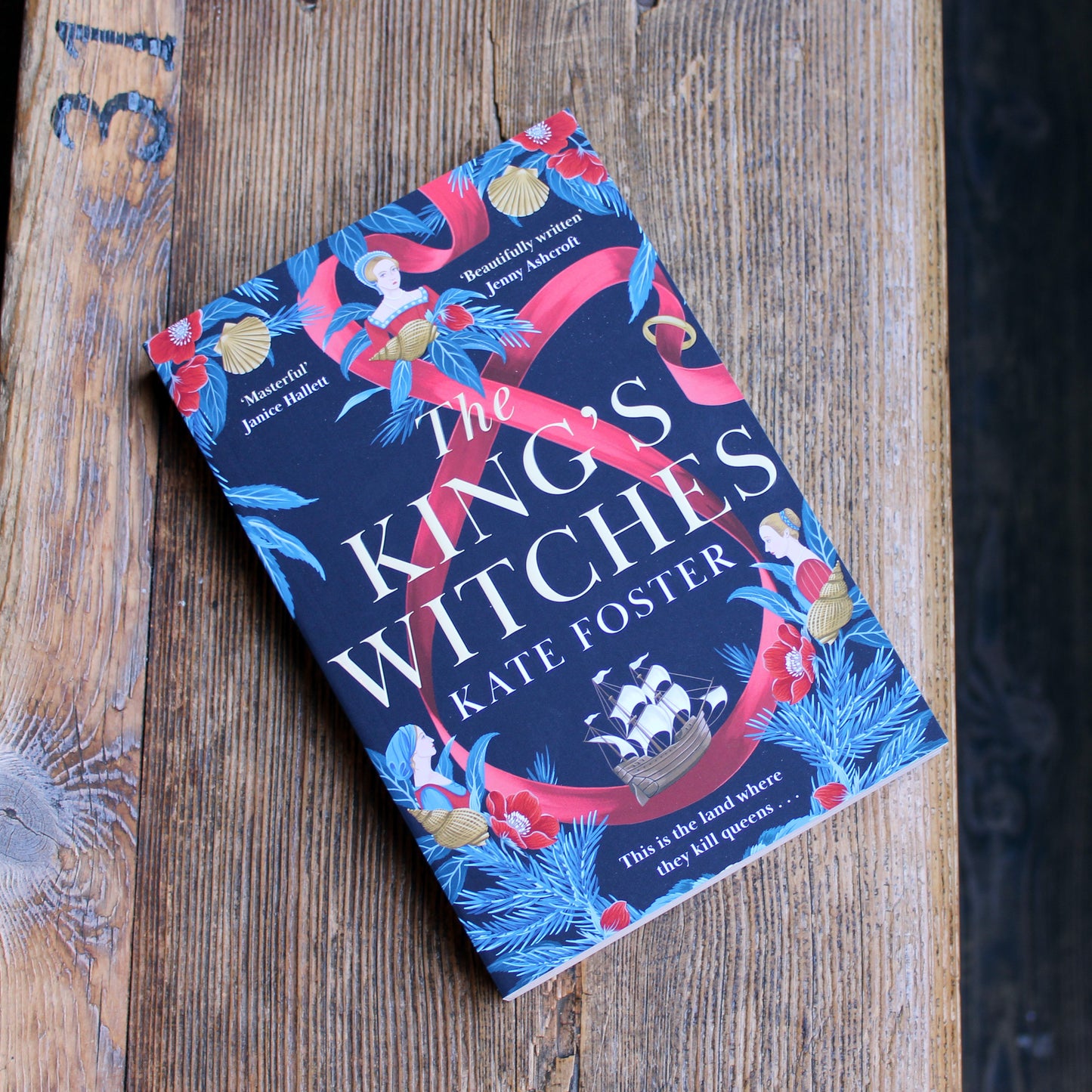 paperback book with a blue and red cover lying on a wooden bench