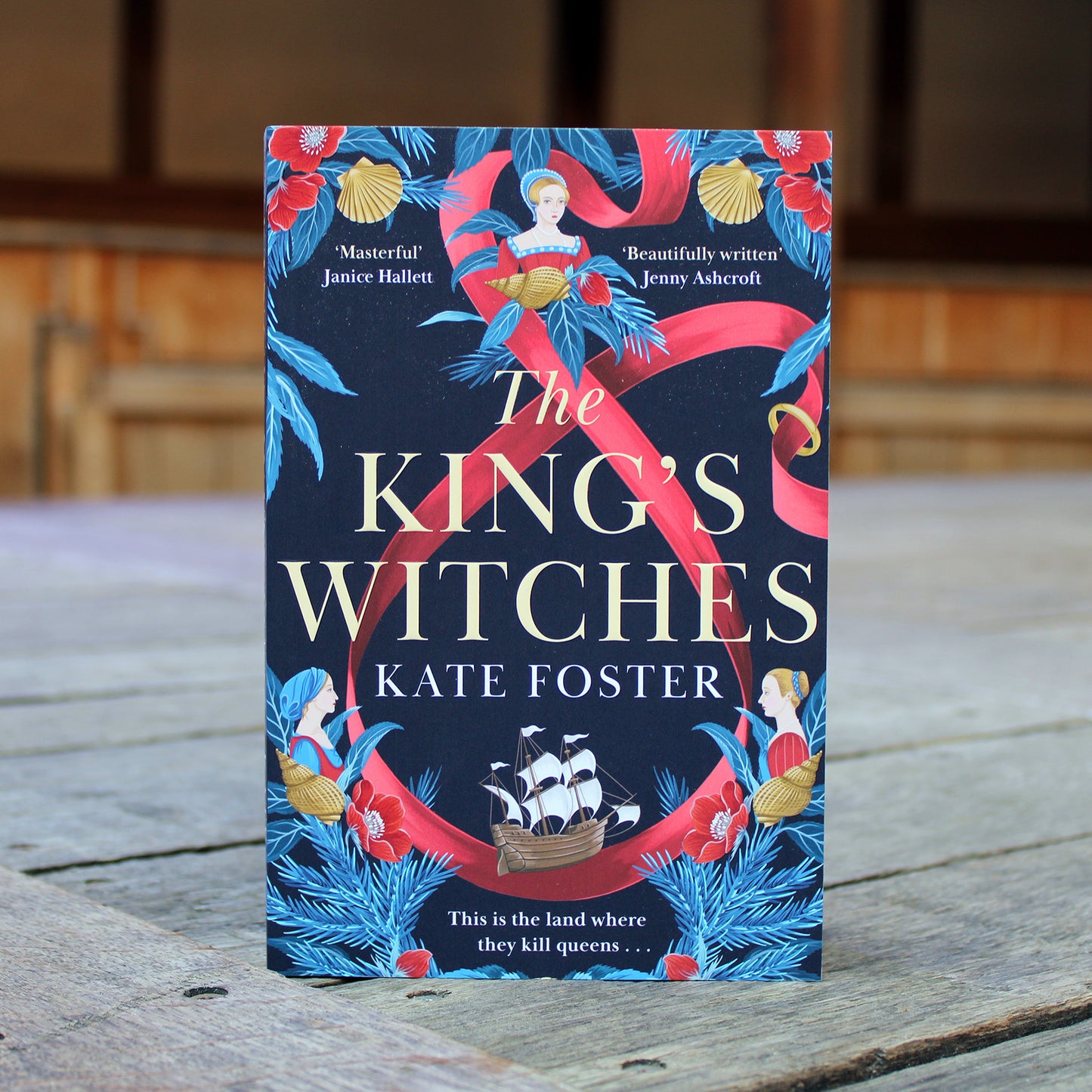 paperback book with a blue and red cover standing on a wooden stage