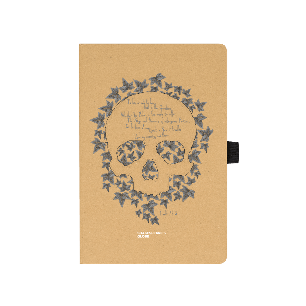 Kraft notebook with leaf skull motif graphic in grey on centre front, with black elastic closure on left side