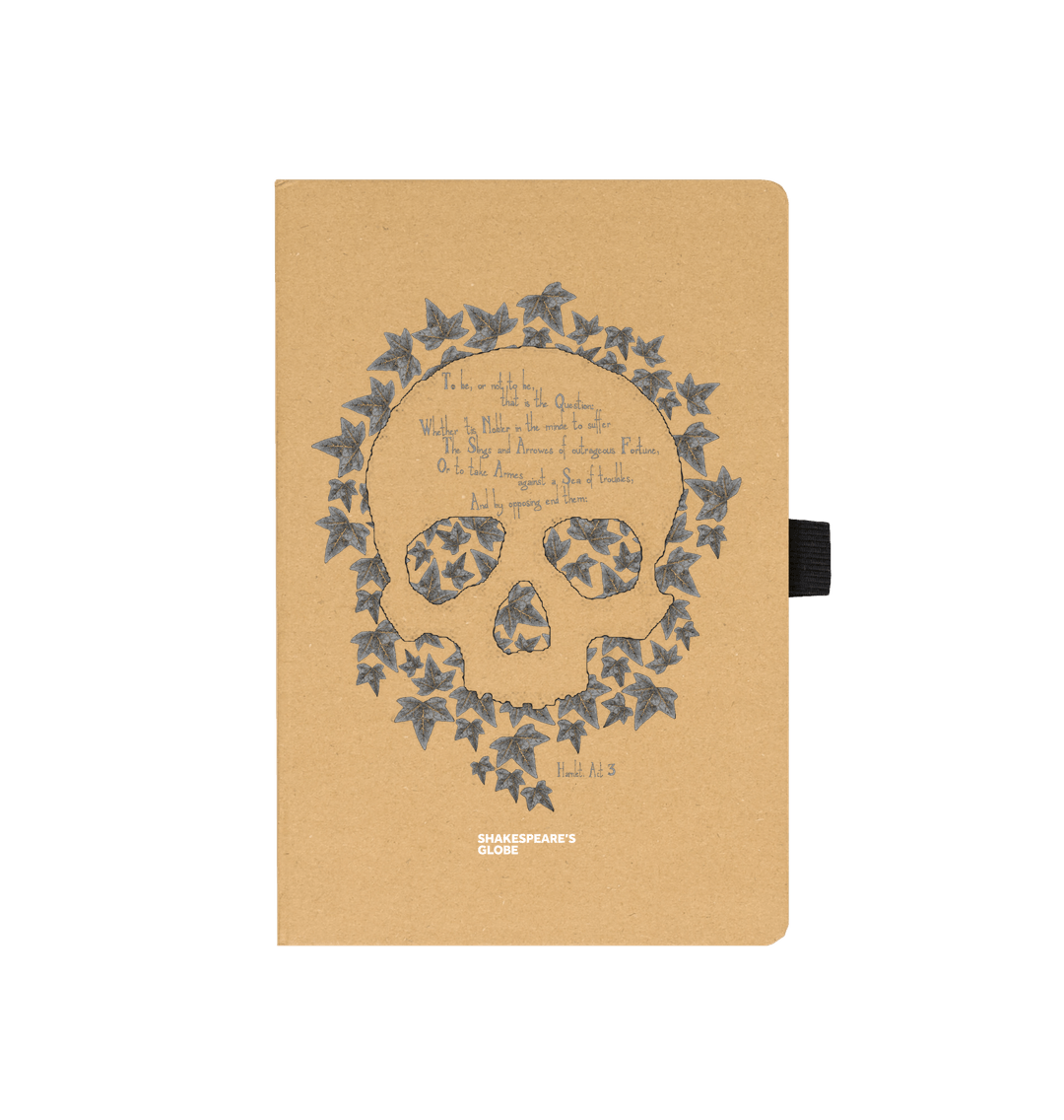 Kraft notebook with leaf skull motif graphic in grey on centre front, with black elastic closure on left side