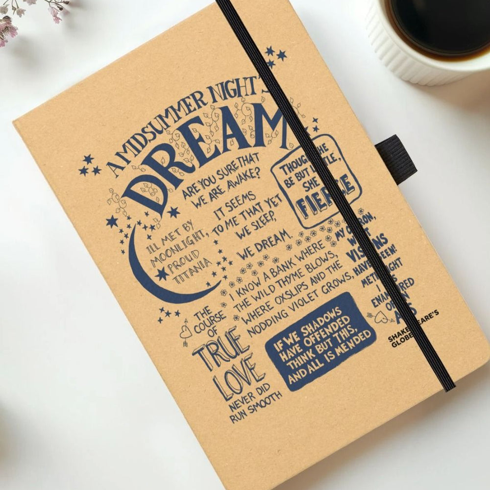 Kraft notebook with navy blue stylised font print representing A Midsummer Night's Dream, with lack elastic closure on left side