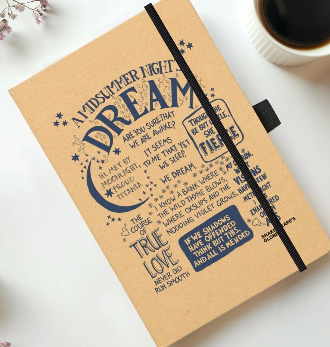 Kraft notebook with navy blue stylised font print representing A Midsummer Night's Dream, with lack elastic closure on left side