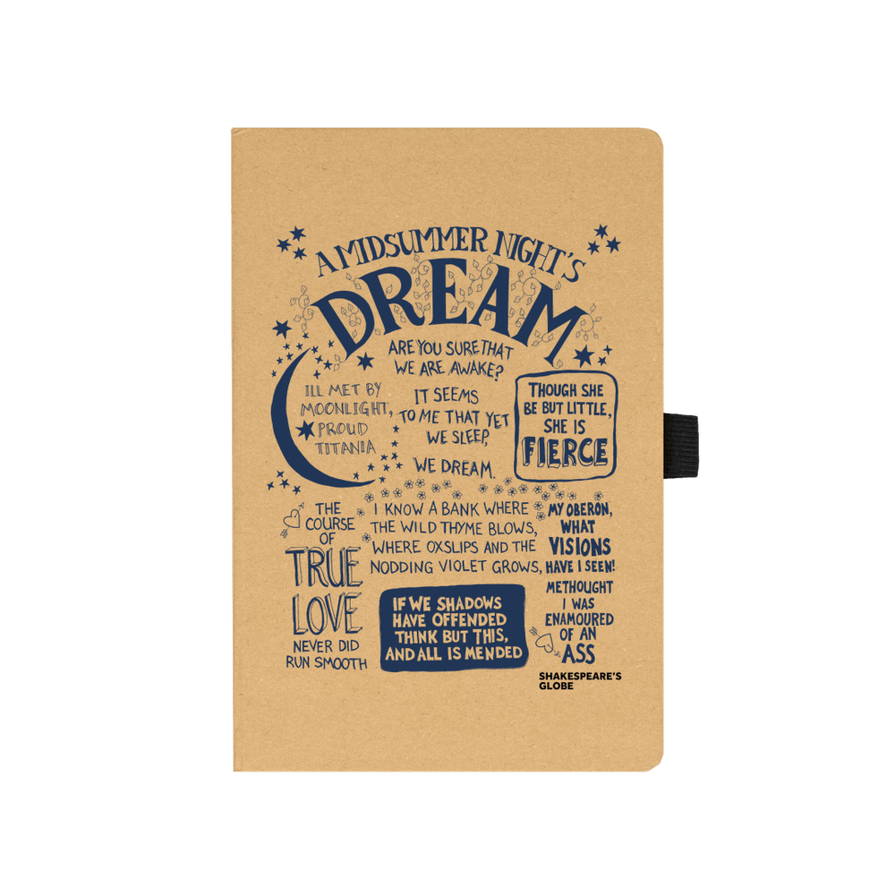 Kraft notebook with navy blue stylised font print representing A Midsummer Night's Dream, with lack elastic closure on left side