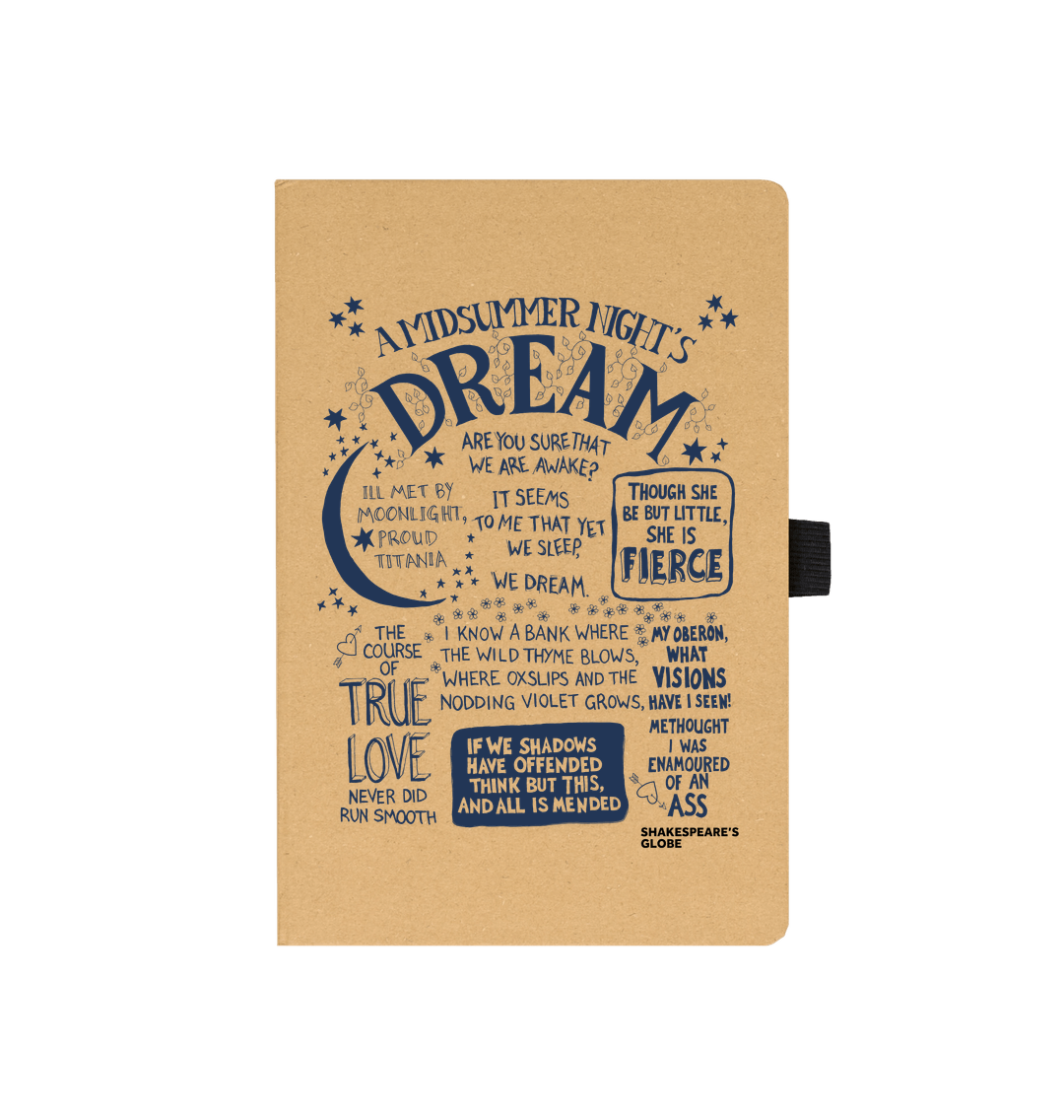 Kraft notebook with navy blue stylised font print representing A Midsummer Night's Dream, with lack elastic closure on left side