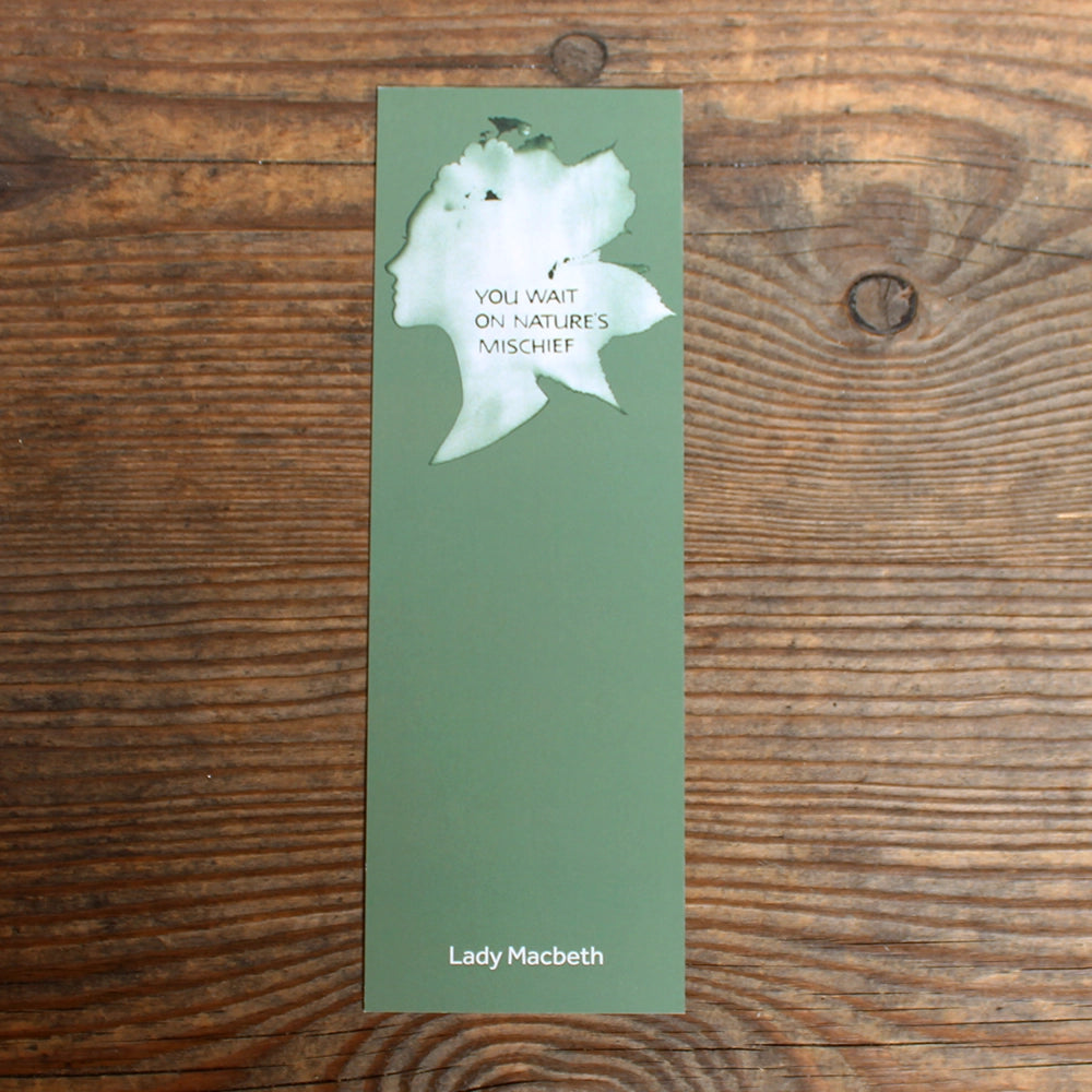 Olive green bookmark with white image of a woman with olive green text over