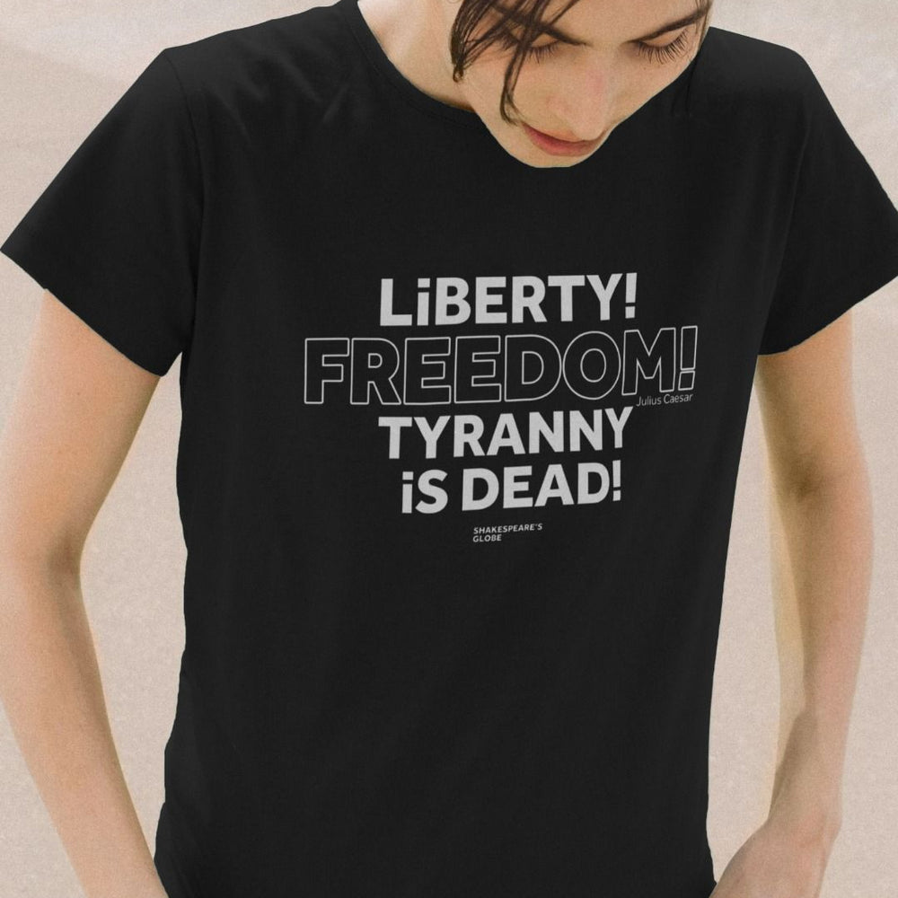 Black fitted t-shirt with centre front graphic text in white colour, all letters filled in except for the word Freedom which is outlined in white only