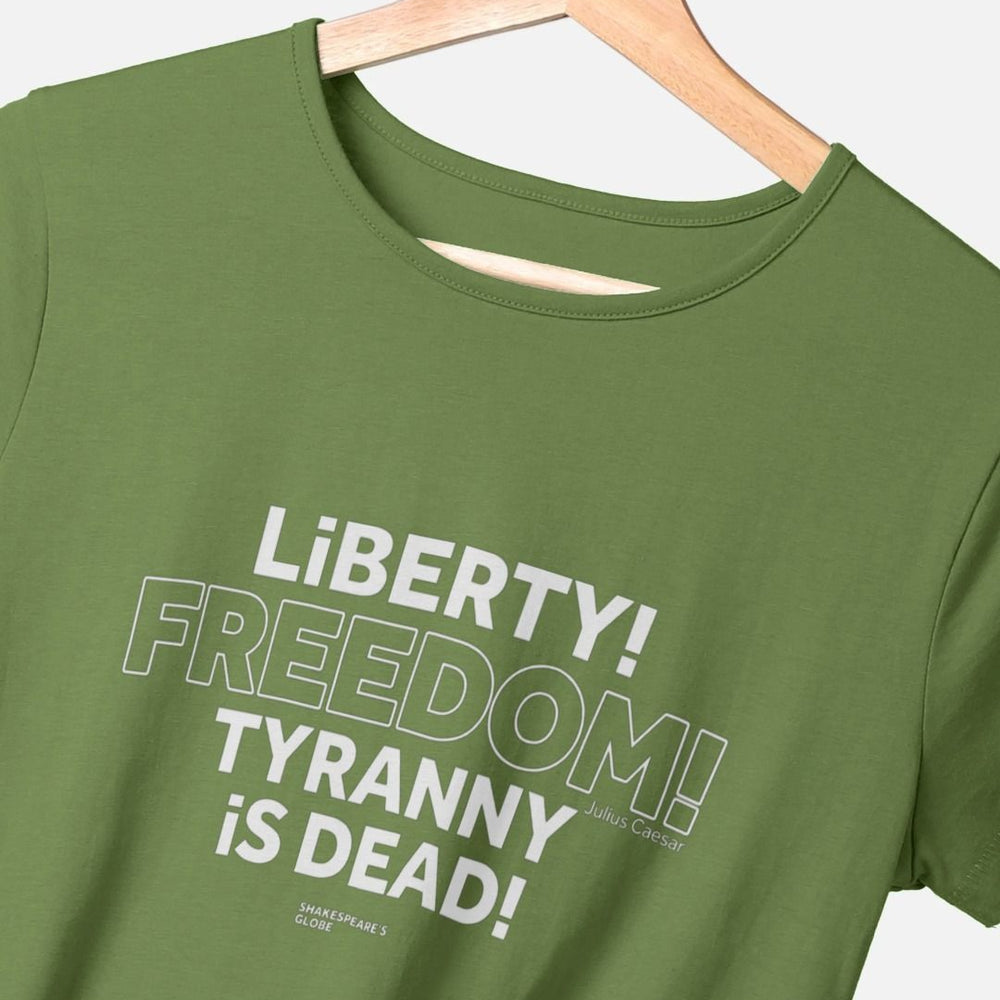 
                  
                    Green fitted t-shirt with centre front graphic text in white colour, all letters filled in except for the word Freedom which is outlined in white only
                  
                