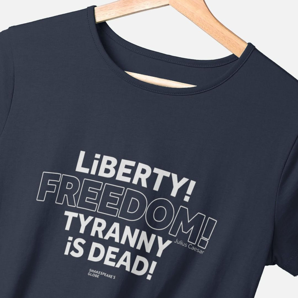 
                  
                    Navy fitted t-shirt with centre front graphic text in white colour, all letters filled in except for the word Freedom which is outlined in white only
                  
                