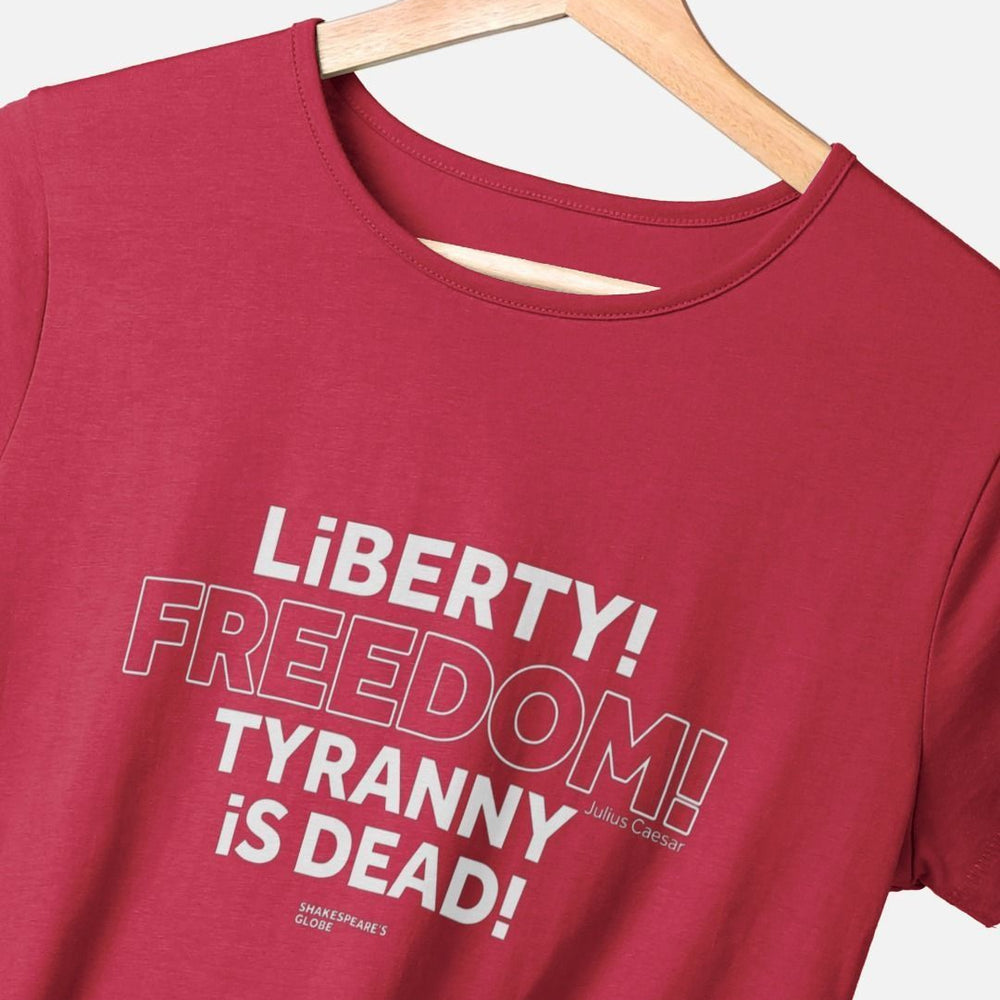 Red fitted t-shirt with centre front graphic text in white colour, all letters filled in except for the word Freedom which is outlined in white only