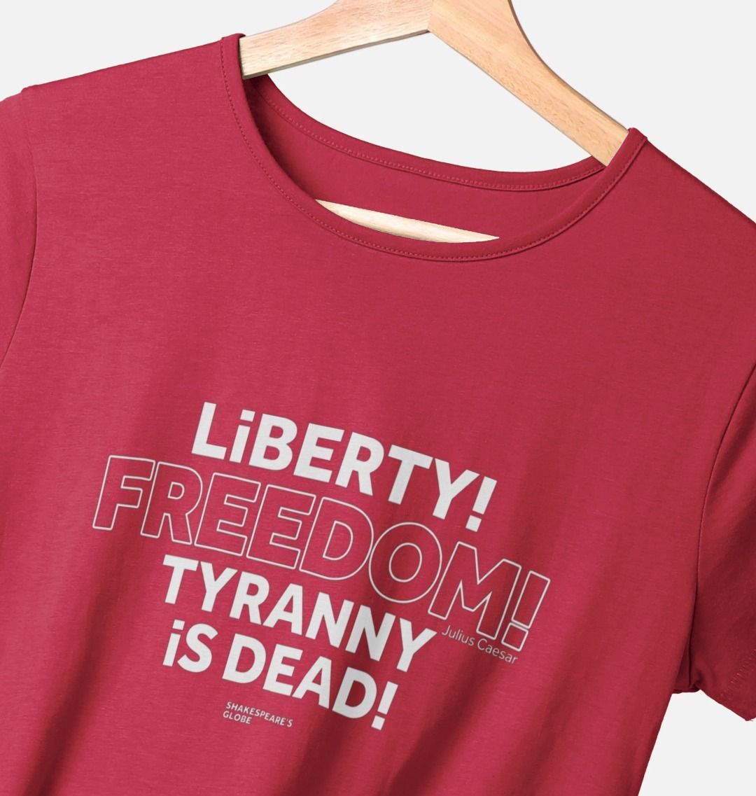 Red fitted t-shirt with centre front graphic text in white colour, all letters filled in except for the word Freedom which is outlined in white only