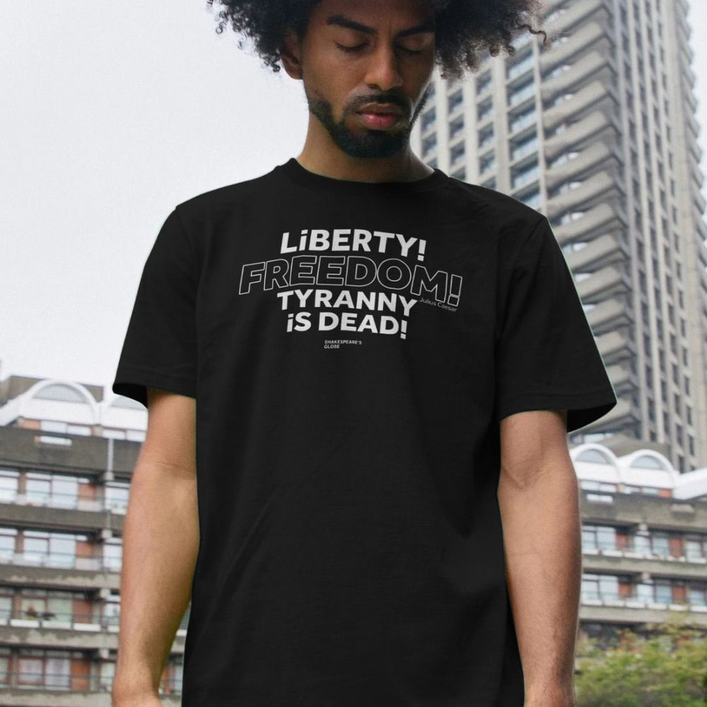 Black standard fit t-shirt with centre front graphic text in white colour, all letters filled in except for the word Freedom which is outlined in white only