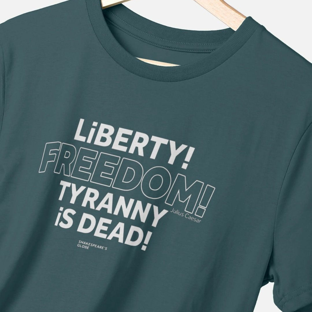 Blue standard fit t-shirt with centre front graphic text in white colour, all letters filled in except for the word Freedom which is outlined in white only