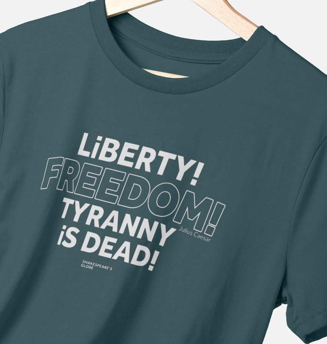 Blue standard fit t-shirt with centre front graphic text in white colour, all letters filled in except for the word Freedom which is outlined in white only