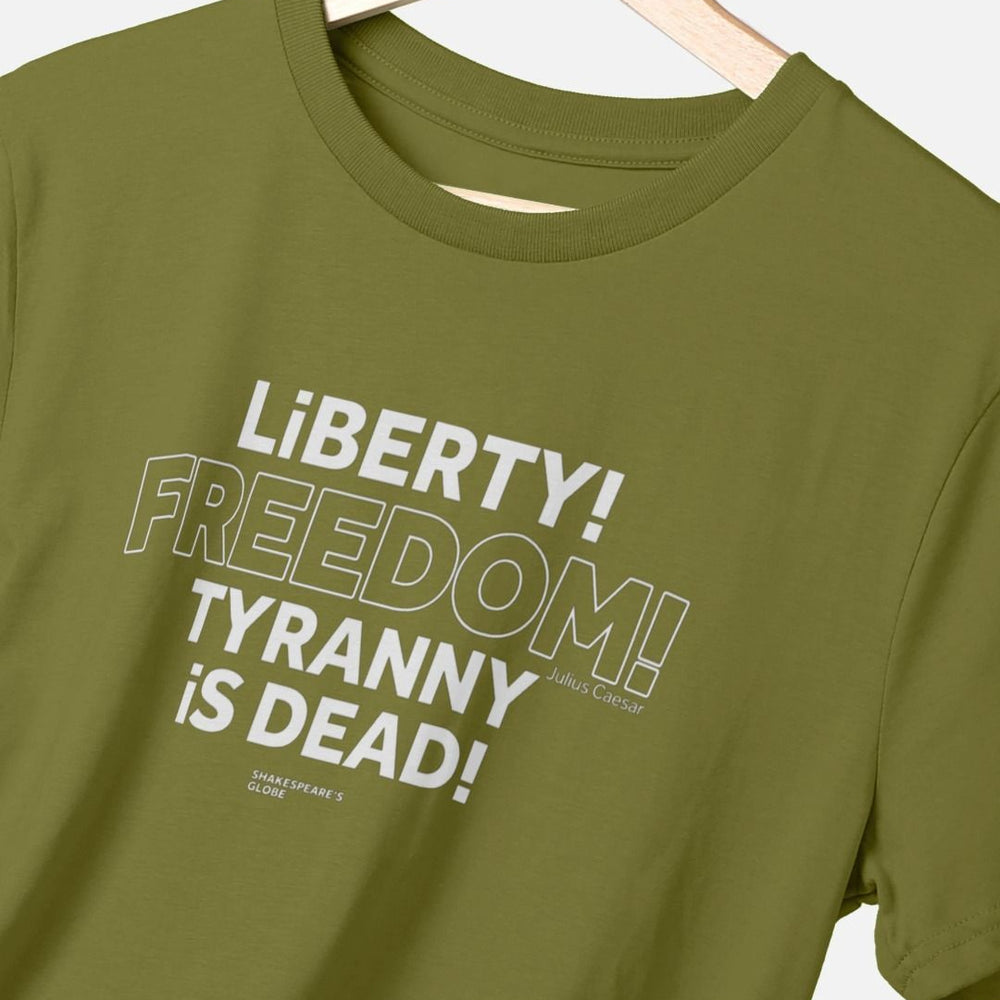 
                  
                    Green standard fit t-shirt with centre front graphic text in white colour, all letters filled in except for the word Freedom which is outlined in white only
                  
                