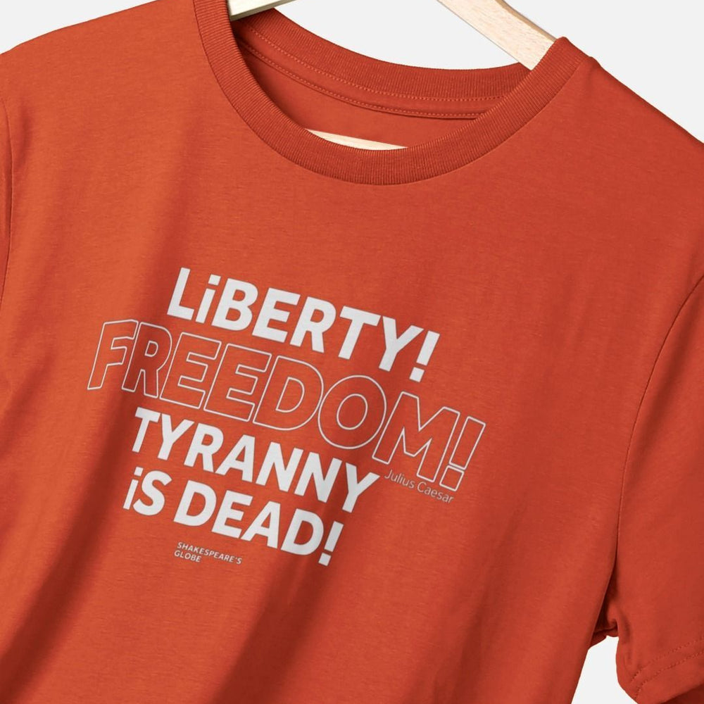 
                  
                    Orange standard fit t-shirt with centre front graphic text in white colour, all letters filled in except for the word Freedom which is outlined in white only
                  
                