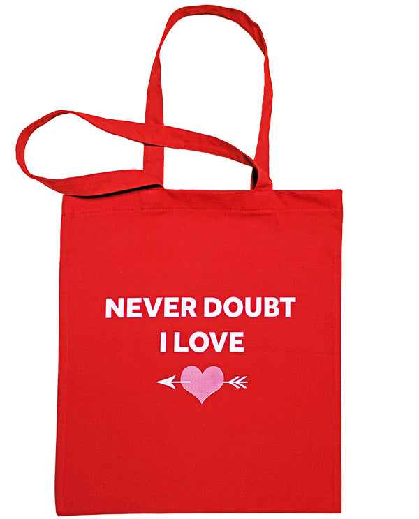 
                  
                    Red cotton tote bag with white graphic text and pink heart graphic in the centre with an arrow going through it
                  
                