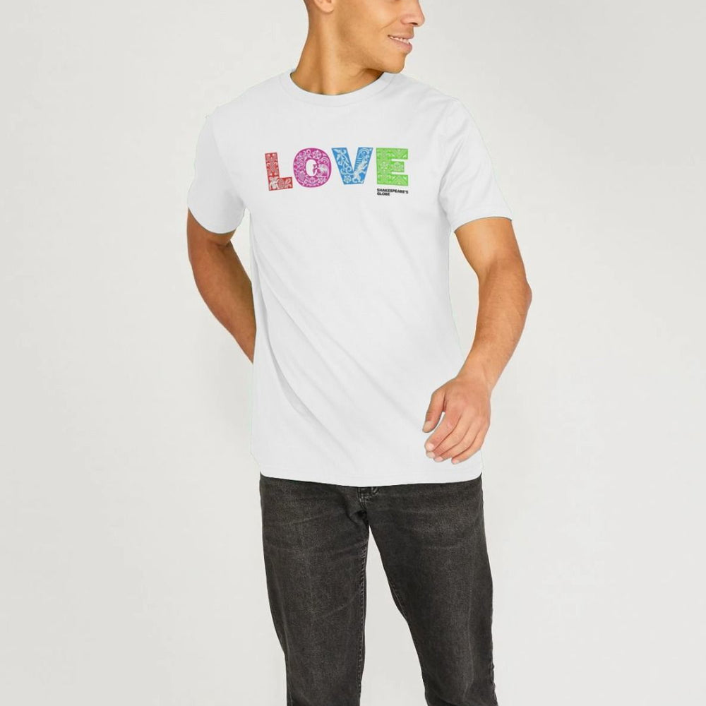 White Rainbow Love Organic Unisex T-shirt, standard fit, with orange, pink, blue, green L O V E