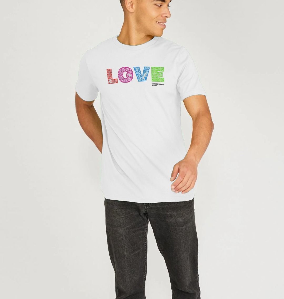 White Rainbow Love Organic Unisex T-shirt, standard fit, with orange, pink, blue, green L O V E