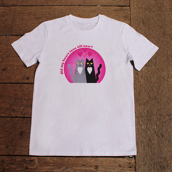 White t-shirt with pink graphic of black and grey cat in the centre