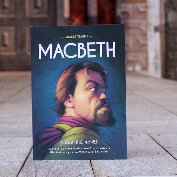 Paperback book with steely blue cover featuring cartoon depiction of Macbeth and white text