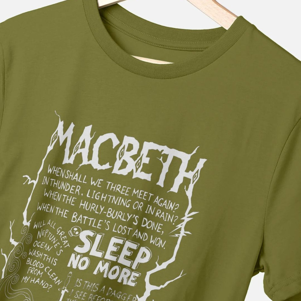 
                  
                    Moss green cotton unisex t-shirt with white graphic text and doodle style drawings covering the front
                  
                