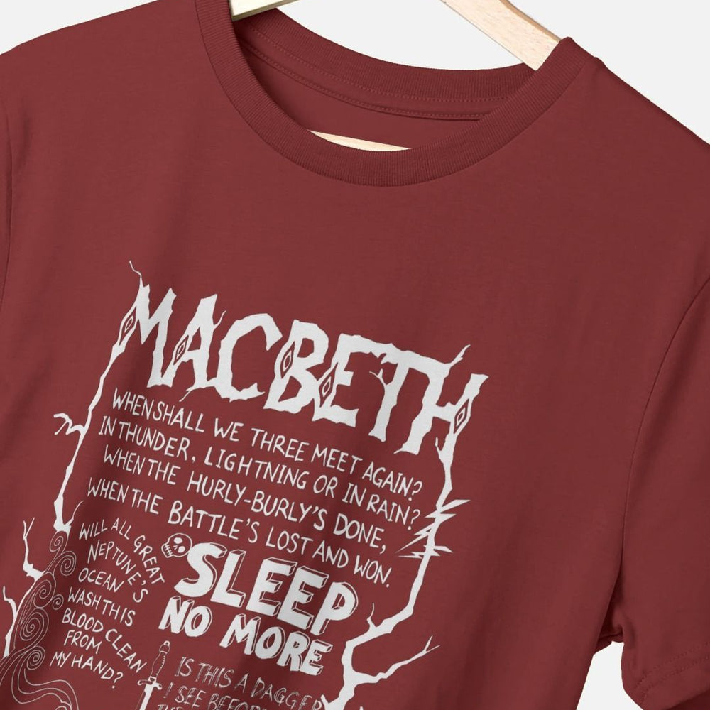 
                  
                    Wine red cotton unisex t-shirt with white graphic text and doodle style drawings covering the front
                  
                