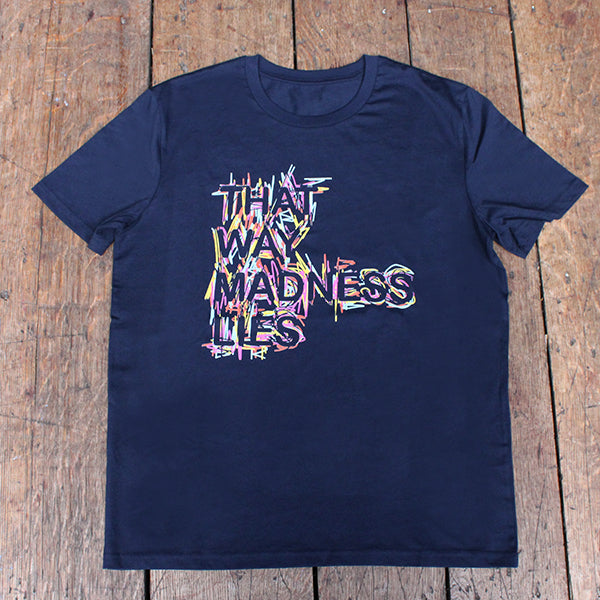 
                  
                    Navy blue cotton t-shirt with graphic text featuring, yellow, green, pink, pale blue and purple
                  
                