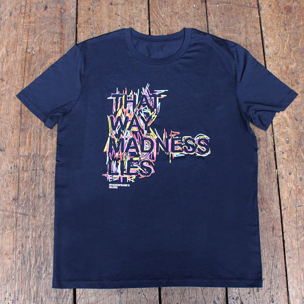 Navy blue cotton t-shirt with graphic text featuring, yellow, green, pink, pale blue and purple